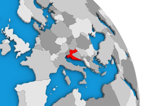Croatia highlighted in red on simple globe with visible country borders. 3D illustration