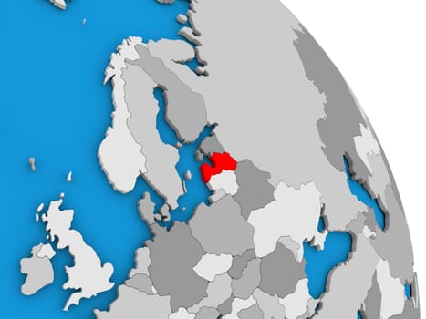 Latvia highlighted in red on simple globe with visible country borders. 3D illustration