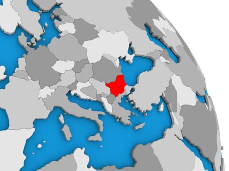 Bulgaria highlighted in red on simple globe with visible country borders. 3D illustration