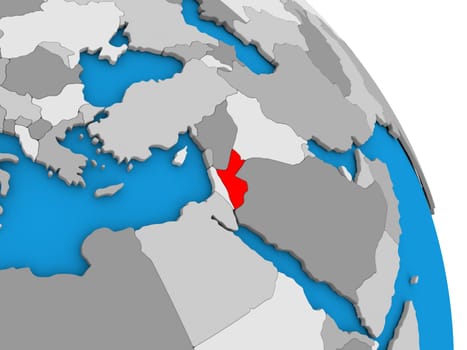 Jordan highlighted in red on simple globe with visible country borders. 3D illustration