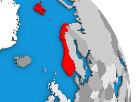 Norway highlighted in red on simple globe with visible country borders. 3D illustration
