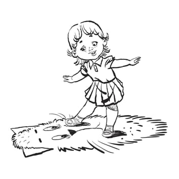 Silhouette of little girl and cat. Cartoon illustration isolate. The toy carpet