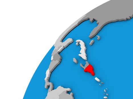 Dominican Republic highlighted in red on globe with visible country borders. 3D illustration