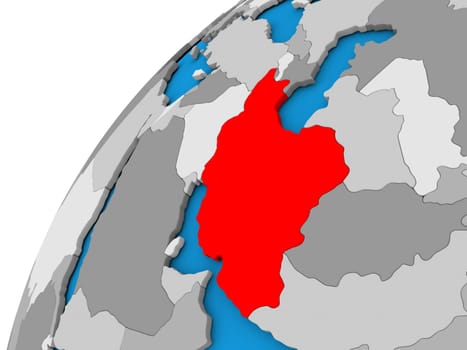 Iran highlighted in red on globe with visible country borders. 3D illustration