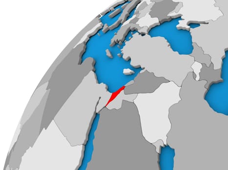 Israel highlighted in red on globe with visible country borders. 3D illustration