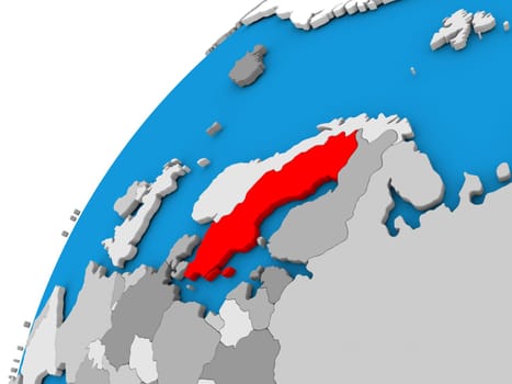 Sweden highlighted in red on globe with visible country borders. 3D illustration