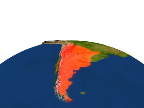 Argentina from Earth's orbit in space highlighted in red color. 3D illustration with highly detailed realistic planet surface. Elements of this image furnished by NASA.