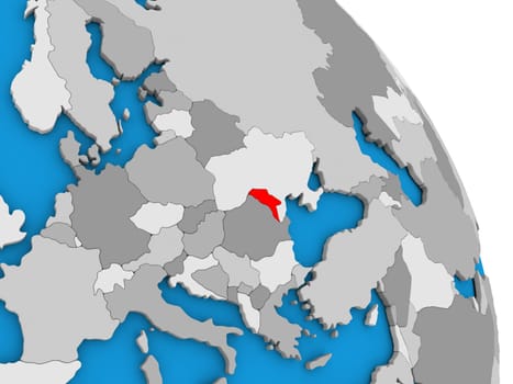 Moldova highlighted in red on simple globe with visible country borders. 3D illustration