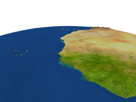 Gambia from Earth's orbit in space highlighted in red color. 3D illustration with highly detailed realistic planet surface. Elements of this image furnished by NASA.