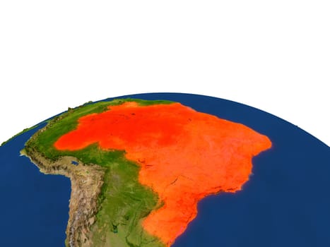 Brazil from Earth's orbit in space highlighted in red color. 3D illustration with highly detailed realistic planet surface. Elements of this image furnished by NASA.