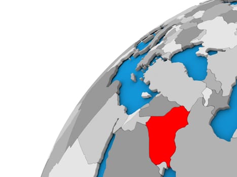 Iraq highlighted in red on globe with visible country borders. 3D illustration