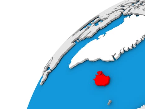Iceland highlighted in red on globe with visible country borders. 3D illustration