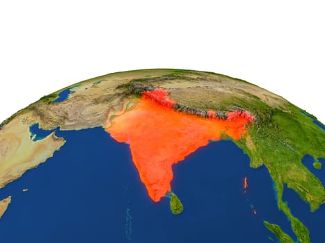 India from Earth's orbit in space highlighted in red color. 3D illustration with highly detailed realistic planet surface. Elements of this image furnished by NASA.