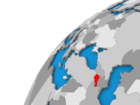 Armenia highlighted in red on globe with visible country borders. 3D illustration