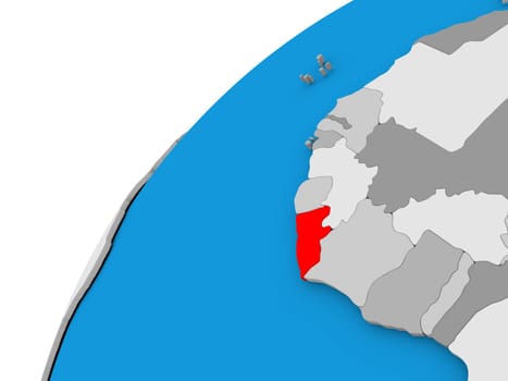 Liberia highlighted in red on globe with visible country borders. 3D illustration
