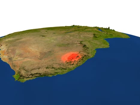 Lesotho from Earth's orbit in space highlighted in red color. 3D illustration with highly detailed realistic planet surface. Elements of this image furnished by NASA.