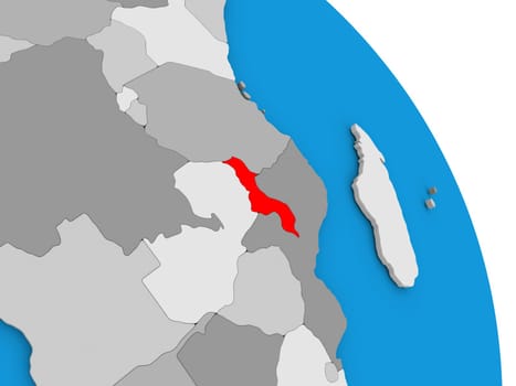 Malawi highlighted in red on simple globe with visible country borders. 3D illustration