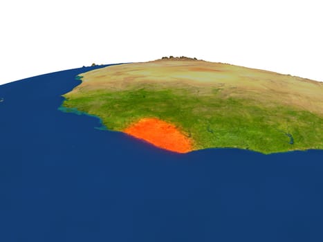 Liberia from Earth's orbit in space highlighted in red color. 3D illustration with highly detailed realistic planet surface. Elements of this image furnished by NASA.