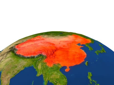 China from Earth's orbit in space highlighted in red color. 3D illustration with highly detailed realistic planet surface. Elements of this image furnished by NASA.