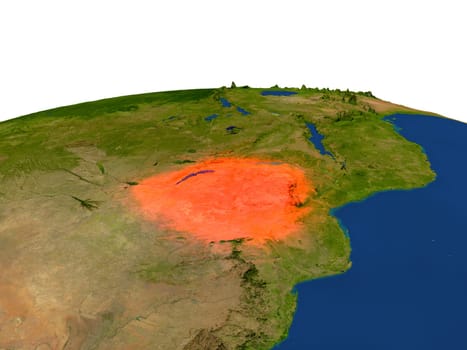 Zimbabwe from Earth's orbit in space highlighted in red color. 3D illustration with highly detailed realistic planet surface. Elements of this image furnished by NASA.