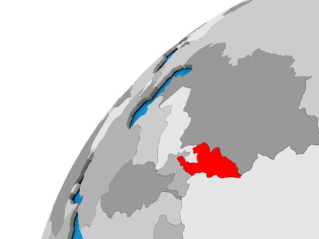Kyrgyzstan highlighted in red on globe with visible country borders. 3D illustration