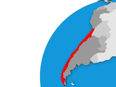 Chile highlighted in red on globe with visible country borders. 3D illustration