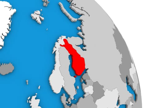 Finland highlighted in red on simple globe with visible country borders. 3D illustration