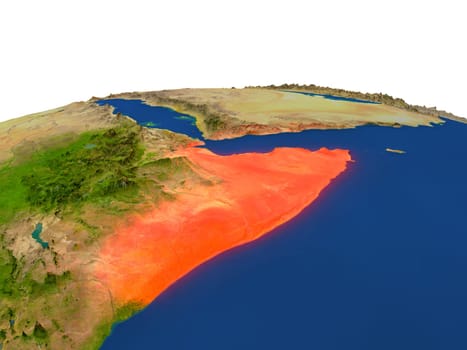 Somalia from Earth's orbit in space highlighted in red color. 3D illustration with highly detailed realistic planet surface. Elements of this image furnished by NASA.