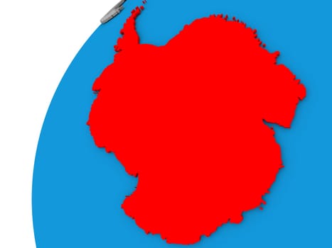 Antarctica highlighted in red on globe with visible country borders. 3D illustration