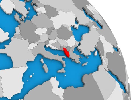 Albania highlighted in red on simple globe with visible country borders. 3D illustration