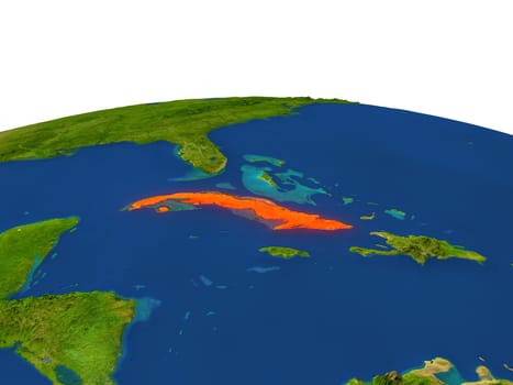 Cuba from Earth's orbit in space highlighted in red color. 3D illustration with highly detailed realistic planet surface. Elements of this image furnished by NASA.