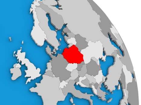 Poland highlighted in red on simple globe with visible country borders. 3D illustration