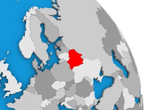 Belarus highlighted in red on simple globe with visible country borders. 3D illustration