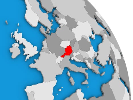 Austria highlighted in red on simple globe with visible country borders. 3D illustration
