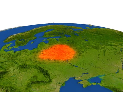 Belarus from Earth's orbit in space highlighted in red color. 3D illustration with highly detailed realistic planet surface. Elements of this image furnished by NASA.