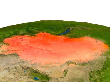 Mongolia from Earth's orbit in space highlighted in red color. 3D illustration with highly detailed realistic planet surface. Elements of this image furnished by NASA.