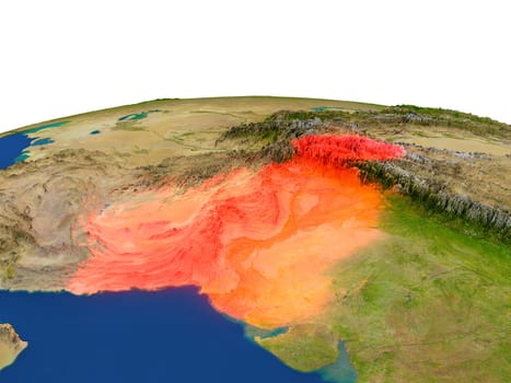 Pakistan from Earth's orbit in space highlighted in red color. 3D illustration with highly detailed realistic planet surface. Elements of this image furnished by NASA.