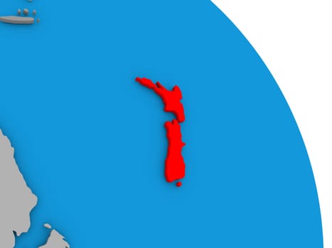 New Zealand highlighted in red on simple globe with visible country borders. 3D illustration
