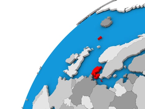 Denmark highlighted in red on globe with visible country borders. 3D illustration