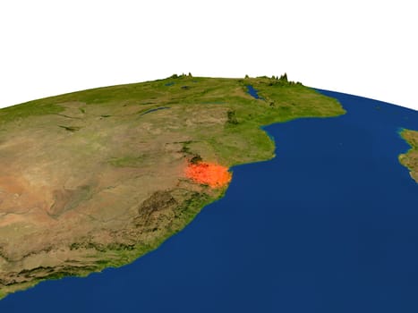 Swaziland from Earth's orbit in space highlighted in red color. 3D illustration with highly detailed realistic planet surface. Elements of this image furnished by NASA.