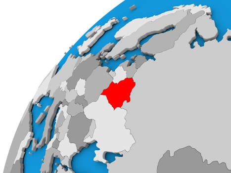 Belarus highlighted in red on globe with visible country borders. 3D illustration