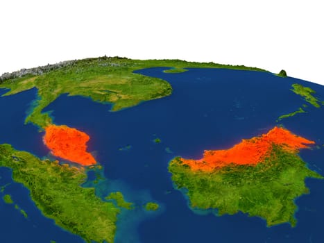 Malaysia from Earth's orbit in space highlighted in red color. 3D illustration with highly detailed realistic planet surface. Elements of this image furnished by NASA.