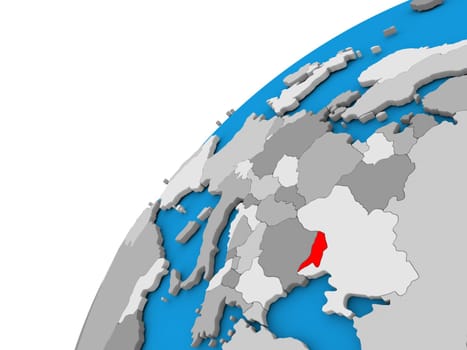 Moldova highlighted in red on globe with visible country borders. 3D illustration