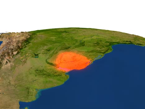 Uruguay from Earth's orbit in space highlighted in red color. 3D illustration with highly detailed realistic planet surface. Elements of this image furnished by NASA.