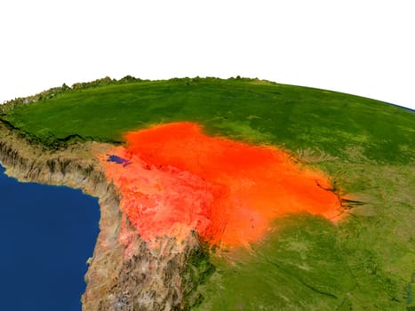 Bolivia from Earth's orbit in space highlighted in red color. 3D illustration with highly detailed realistic planet surface. Elements of this image furnished by NASA.
