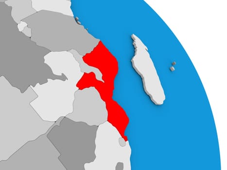 Mozambique highlighted in red on simple globe with visible country borders. 3D illustration