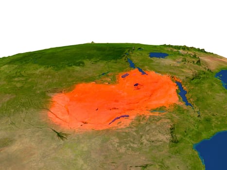 Zambia from Earth's orbit in space highlighted in red color. 3D illustration with highly detailed realistic planet surface. Elements of this image furnished by NASA.