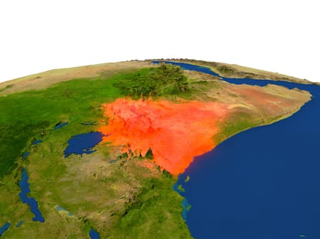 Kenya from Earth's orbit in space highlighted in red color. 3D illustration with highly detailed realistic planet surface. Elements of this image furnished by NASA.