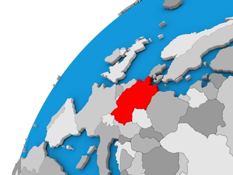 Germany highlighted in red on globe with visible country borders. 3D illustration