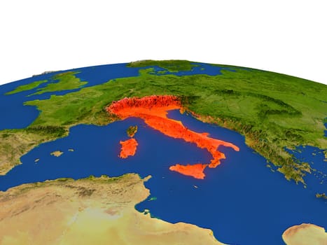 Italy from Earth's orbit in space highlighted in red color. 3D illustration with highly detailed realistic planet surface. Elements of this image furnished by NASA.